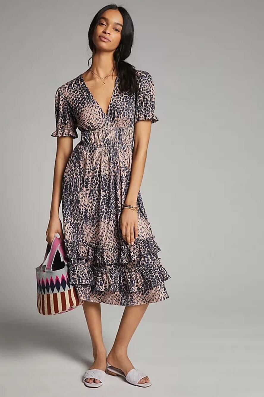 Anthropologie Hutch Womens Large Adelia Ruffled Midi Dress Leopard Party Formal